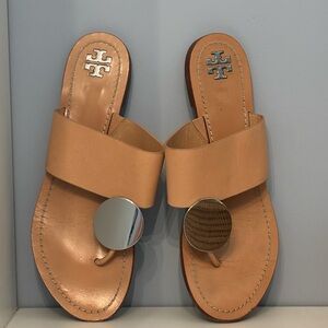 Tory Burch Patos Tan Sandals with Metallic Disc